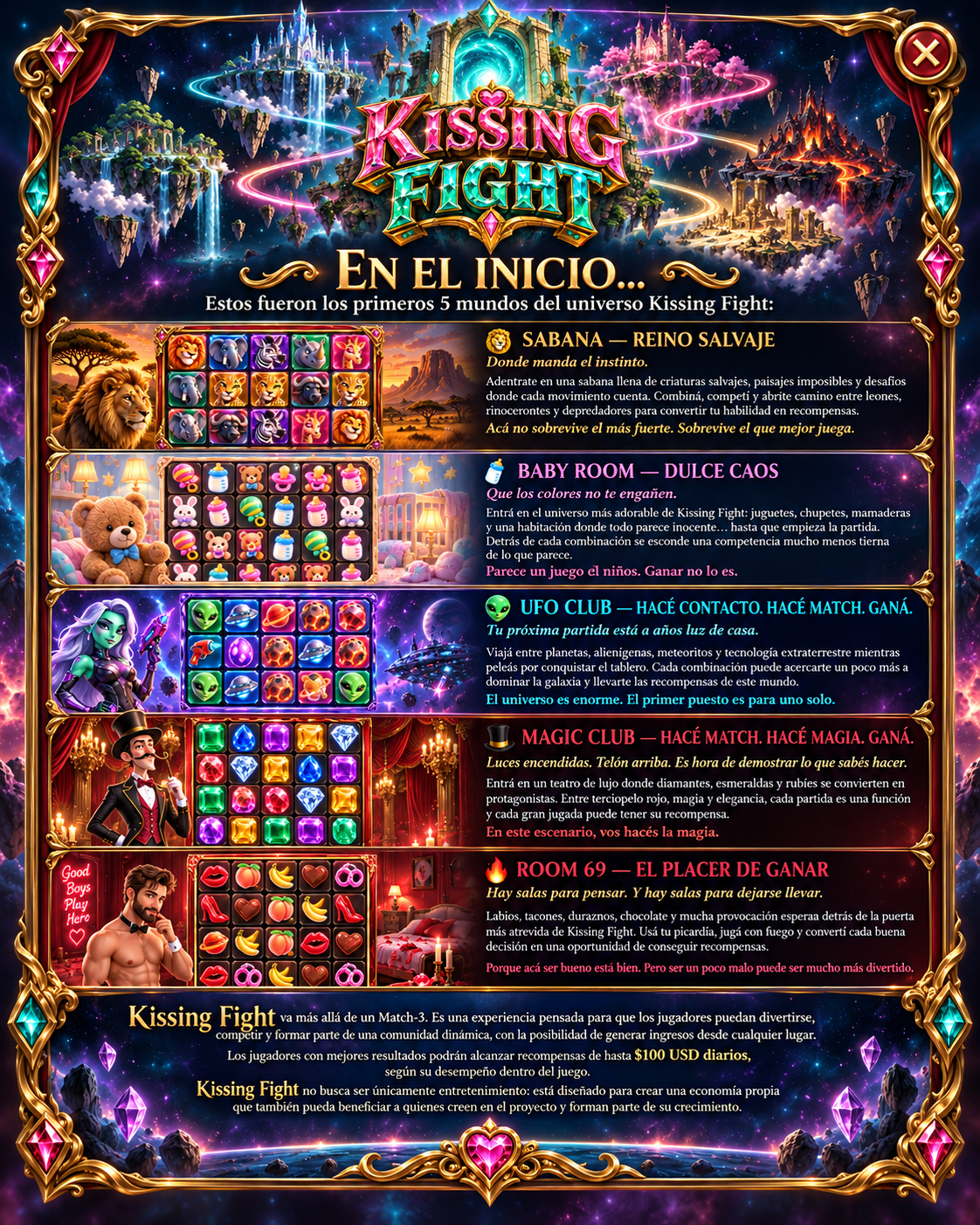 Los primeros cinco mundos del universo Kissing Fight
